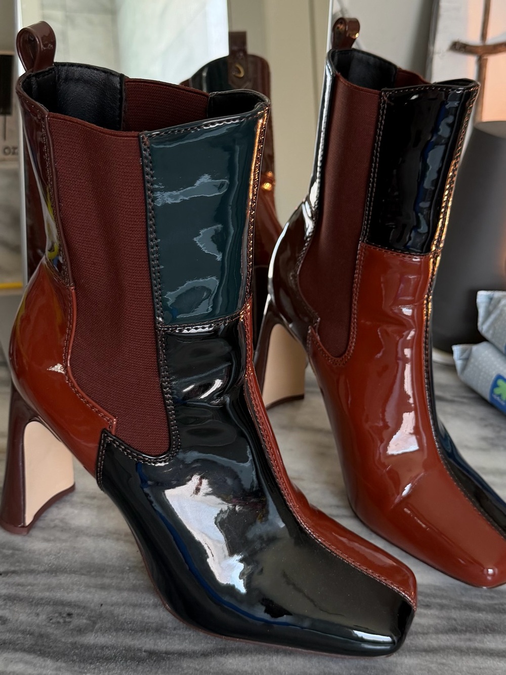 Sam Edelman Patent Two-Tone Chelsea Booties in Black & Brown